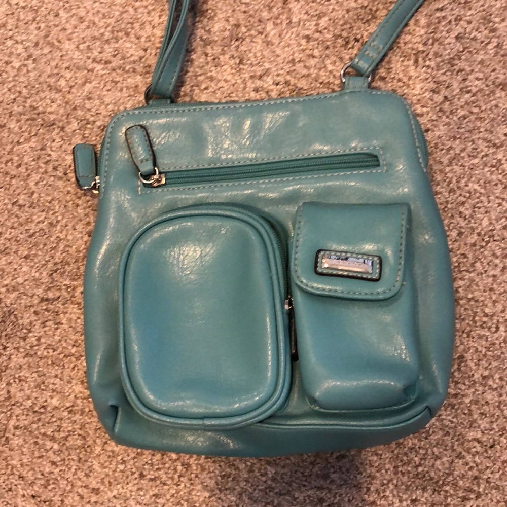 Strada teal purse with wallet compartment and other storage